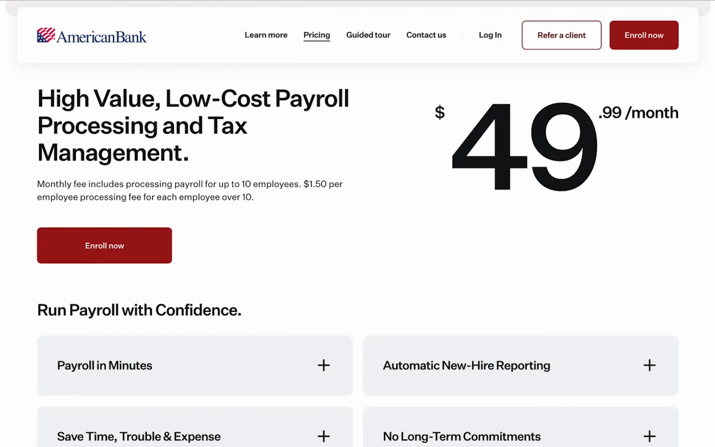 Pricing and questions, on Business Online Payroll's website
