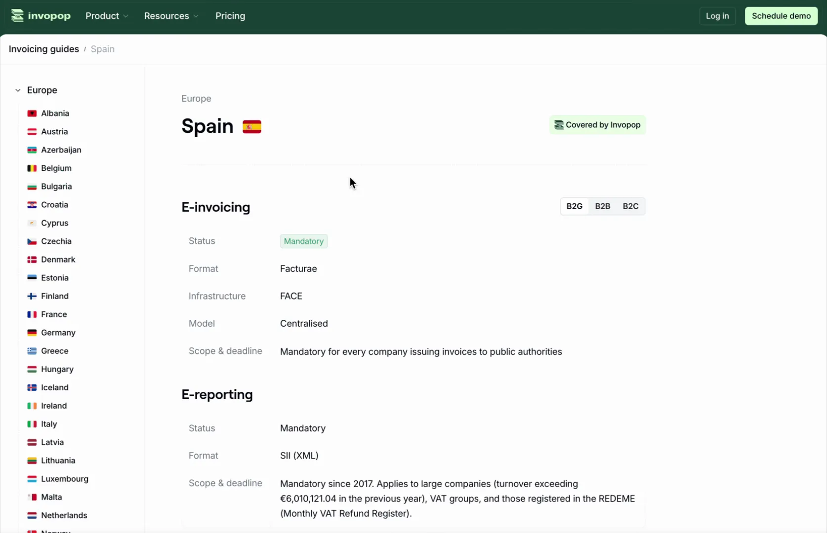 A country page, on Invopop's website